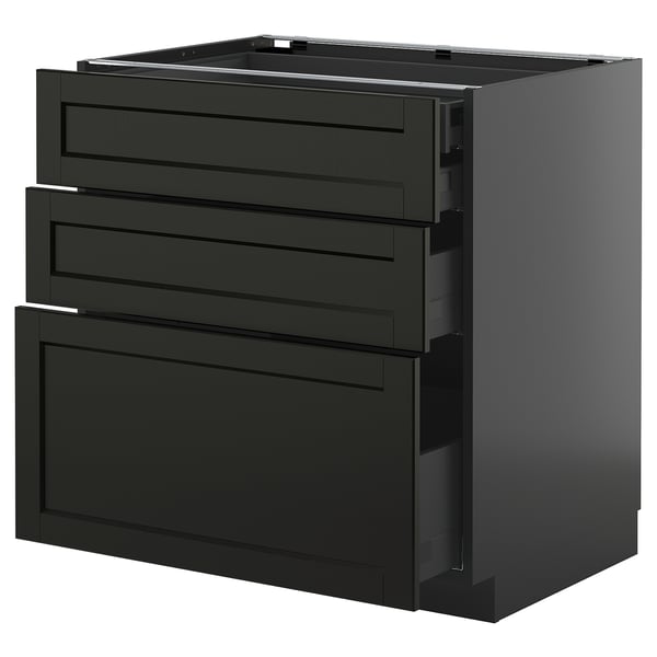 Zwart keukenblok met lades, modern design.
