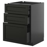 Moderne zwarte keukenkast met drie lades, strak design, metalen handgrepen.