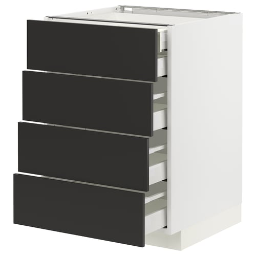 Een moderne keukenkast, METOD, met vier zwarte lades en een wit frame. Het is een strak, eigentijds ontwerp met een stevige constructie.
