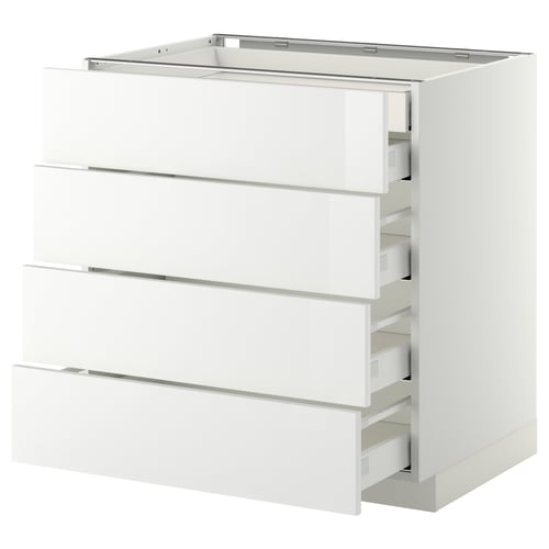 Ikea METOD wit hoogglans keukenblok. Modern, rechthoekig ontwerp met meerdere lades met strakke, witte afwerking.
