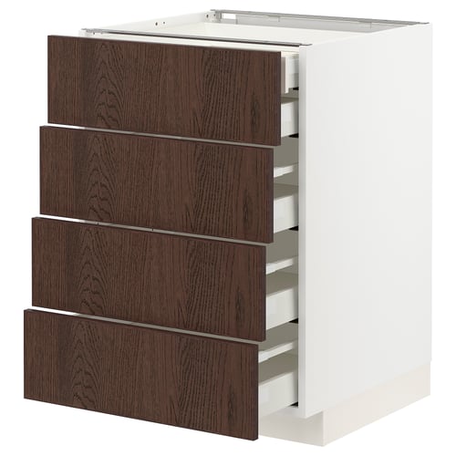 Een wit METOD keukenblok met vier donkerbruine houten lades. Het meubel is modern, strak en heeft een stevig frame met lichtlopende lades.