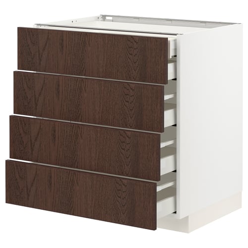 METOD keukenblok, bruin houten lades, wit frame, vierkant design.