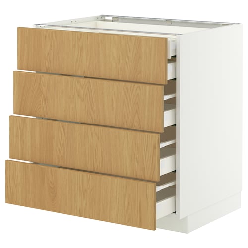 METOD keukenkast, wit frame, eikenhouten lades. Vier diepe lades, strakke handgrepen, modern design.
