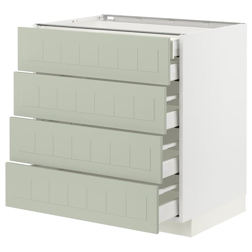 Een groene METOD keukenkast met vier lades en een wit frame, met een modern en functioneel design.