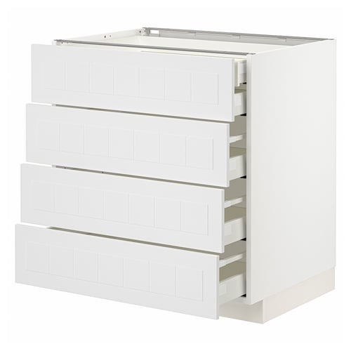 Witte METOD keukenkast met vier lades. Vierkante vorm, gladde vlakke oppervlakte, modern design.