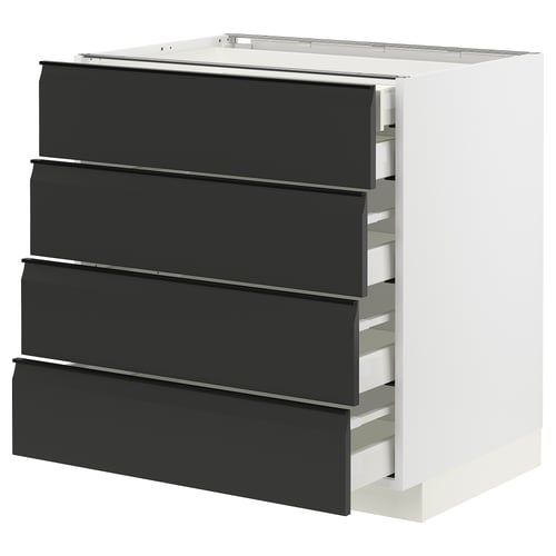 Modern keukenblok met vier zwarte lades, strakke handgrepen en wit frame, perfect voor een eigentijdse inrichting.