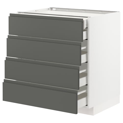 Een moderne keukenkast, METOD in donkergrijs voxtorp design, met vier lades met geïntegreerde handgrepen.