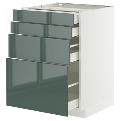 METOD keukenkast met vier grijsgroene glanzende lades, strak modern design.