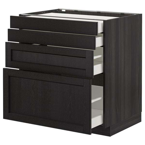 Zwart gebeitste keukenkast met uittrekbare lades, essenhout en metaal, modern traditioneel design.