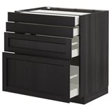 Zwart gebeitste keukenkast met uittrekbare lades, essenhout en metaal, modern traditioneel design.