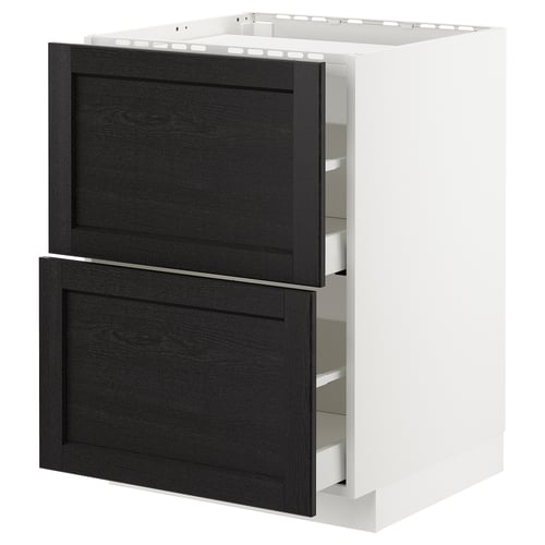 De METOD keukenkast met donker gebeitste houten lades. Het is een moderne kast met twee grote lades, perfect voor opslag.
