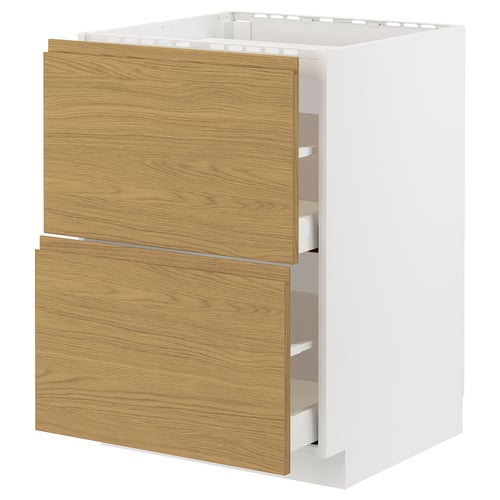 Witte keukenkast met houten voorkant en lade.