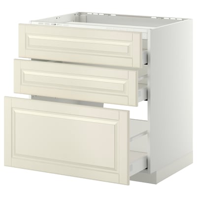 Gebroken witte METOD keukenkast met drie grote lades en een kleine onderste lade, met klassiek design en afgeschuinde randen.