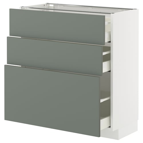 METOD keukenblok met 3 grijsgroene lades, modern en minimalistisch design.