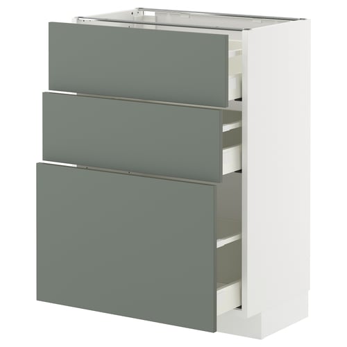 Moderne keukenkast, serie METOD, in grijsgroen, met drie soft-close lades en een wit frame, met voldoende opbergruimte.