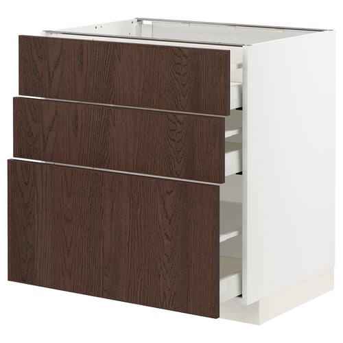 Moderne donkerbruine houtaders keukenkast met drie lades en wit frame.