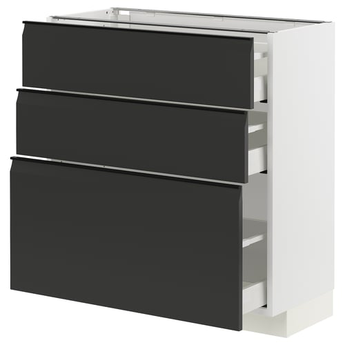 Modern zwart-wit keukenblok met drie lades en strak design.