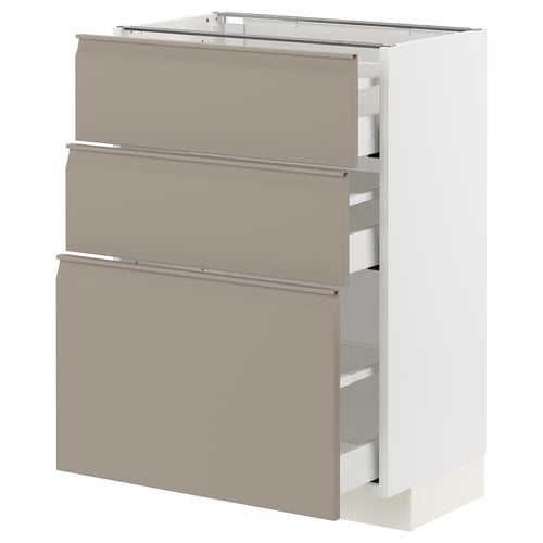 Een ikea METOD keukenkast met drie beige lades en een witte basis, met een strak, modern design met geïntegreerde handgrepen.