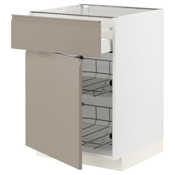 Een open METOD keukenkast met upplöv mat grijs-beige lades en planken, met een modern, minimalistisch design.