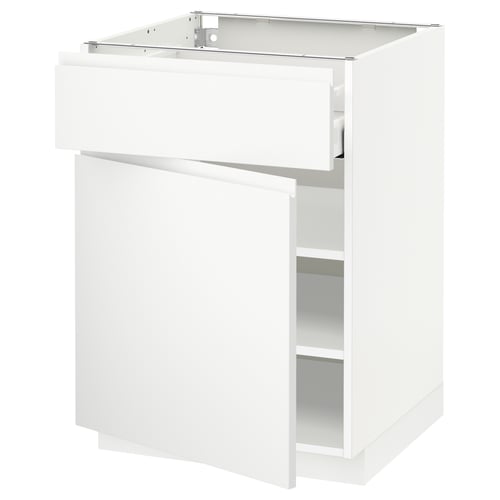 Een witte METOD keukenkast met een enkele lade en twee planken. Het heeft een strak, minimalistisch ontwerp met geïntegreerde handgrepen.