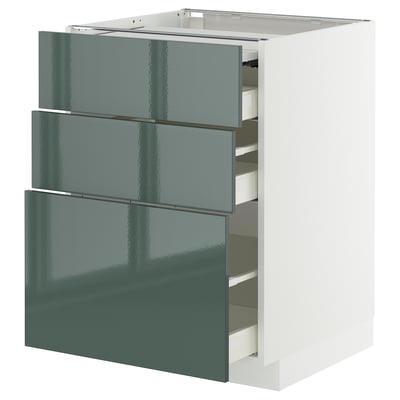 Een moderne keukenkast genaamd METOD met hoogglans grijsgroene lades. Het is een eenheid met drie lades en een strak design.