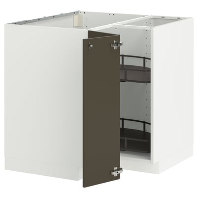 Een witte ikea METOD keukenkast met een donkerbruine deur en verstelbare legplanken.