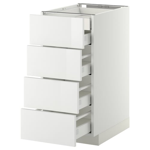 Een witte, moderne METOD keukenkast met vier gladde, witte lades. Het is strak en functioneel voor opslag.