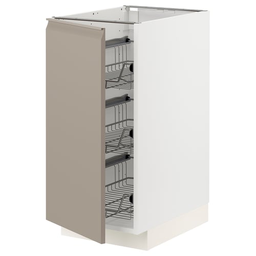 Moderne witte keukenkast met draadplanken; Mat grijs-beige deur.