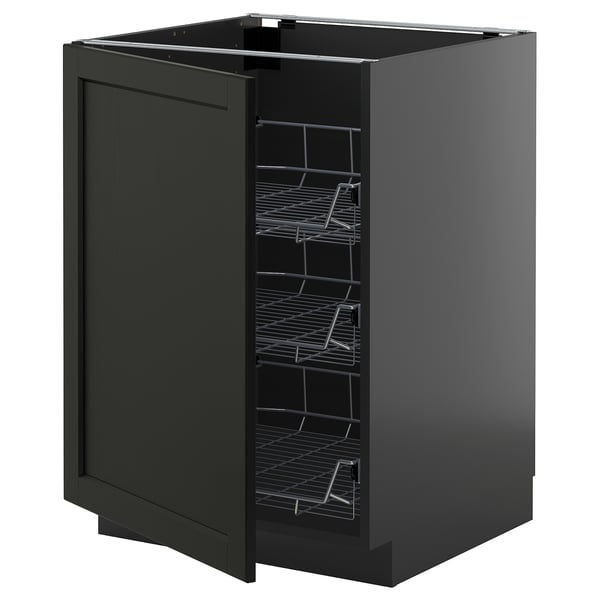 Zwarte keukenkast met uittrekbare draadrekken, modern design, metalen frames, donker gebeitste afwerking.