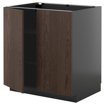 METOD keukenblok: grijze basis, donkerbruine houten deuren, vierkante vorm, modern design.