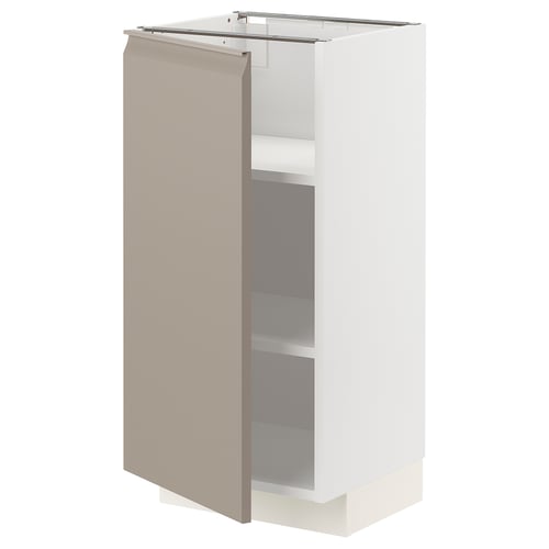 Moderne keukenkast in grijs-beige met minimalistisch design, verstelbare planken en afgeschuinde randen.