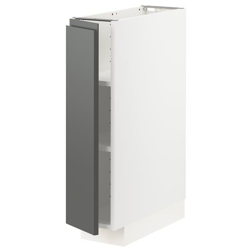 Een moderne, witte METOD keukenkast met een grijze deur, voorzien van geïntegreerde handgrepen en verstelbare planken.