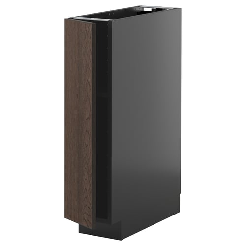 Een stijlvolle, moderne zwarte en donkerbruine keukenkast met strak design en houten accenten.