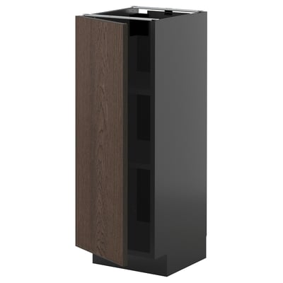 Donkergrijze en bruine kast met houten deur en metalen handgrepen.