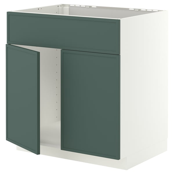 METOD Onderkast v spoelb m 2 deuren/front, wit/Aspudden donker grijsgroen, 80x60 cm
