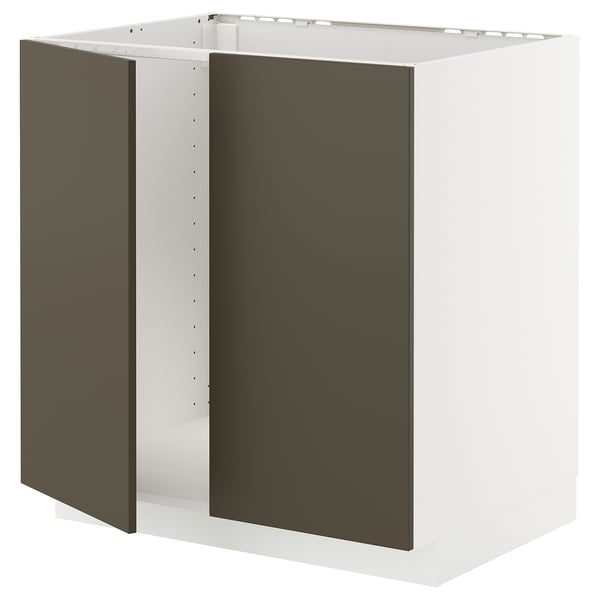 METOD keukenkast, wit frame, bruine deuren, rechthoekige vorm.