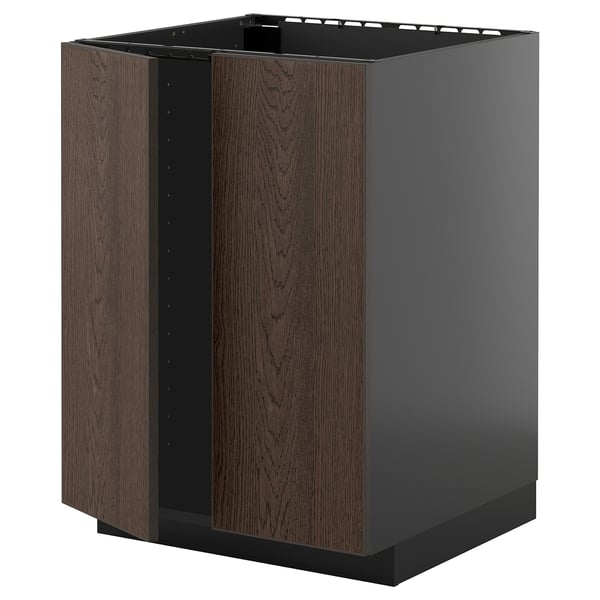 Moderne keukenkast: donkerbruin hout, grijs frame, rechthoekig.