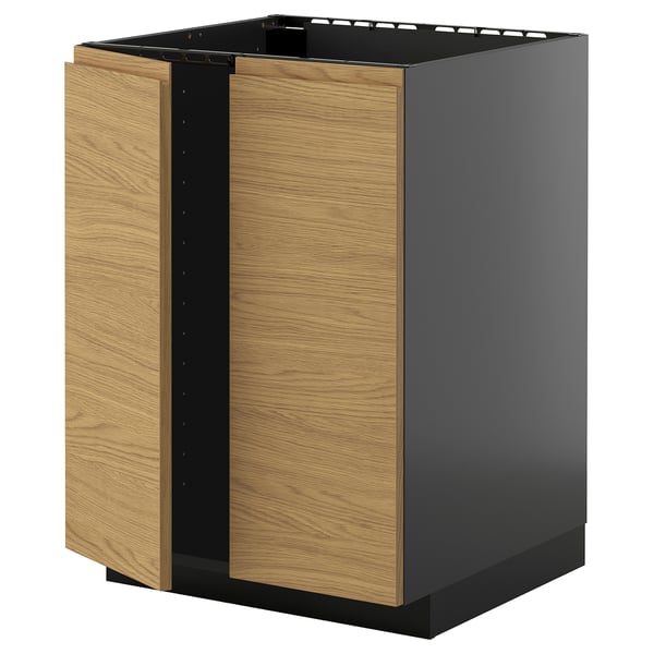 Zwarte en eikenhouten METOD keukenkast met houtnerf afwerking en minimalistisch design.
