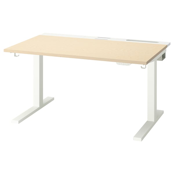 MITTZON zit-sta bureau: witte metalen poten, licht houten blad, in hoogte verstelbaar, kabelbeheer.