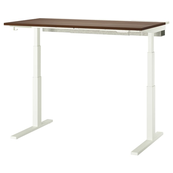 MITTZON verstelbaar bureau, bruin blad, witte poten, modern design voor eenvoudige hoogteverstelling.