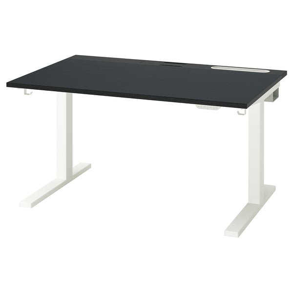 MITTZON zwart sta-bureau met witte poten, modern design, in hoogte verstelbaar, kabelmanagement.