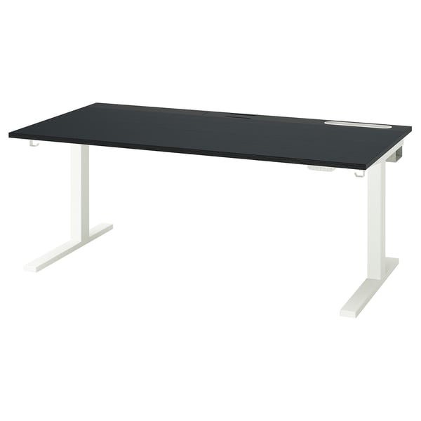 Een MITTZON zit/sta bureau in het zwart met een wit onderstel. Het is rechthoekig, modern en bevat een kabelbeheerlade.