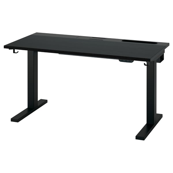 MITTZON: modern zwart zit/sta-bureau met dubbele motoren, strakke lijnen, stevige metalen poten, ergonomische bediening.