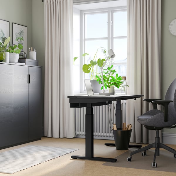 Thuiskantoor: MITTZON in hoogte verstelbaar bureau bij raam, zwart. Stoel, laptop, planten, kasten. Helder, goed geregeld.