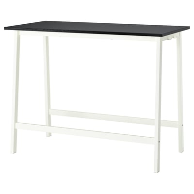 MITTZON: hoge vergadertafel met wit metalen onderstel, zwart rechthoekig blad.
