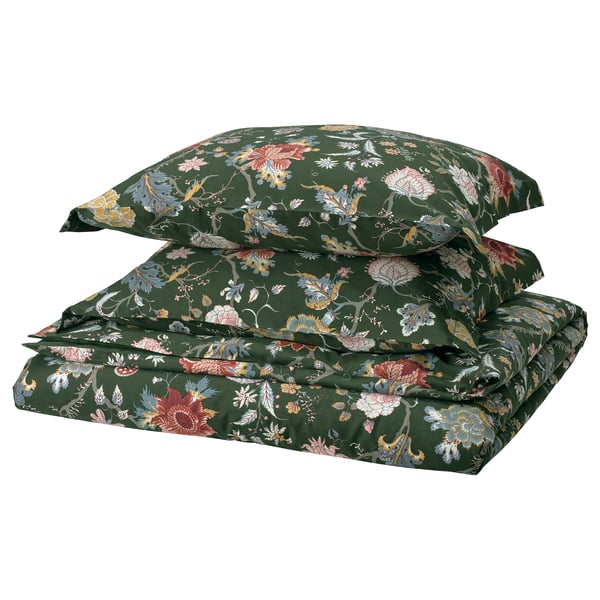 NÄSSELKLOCKA groene bloemenbeddengoedset, donkergroen met veelkleurige bloemen, rechthoekige vorm, katoen-viscose mix.