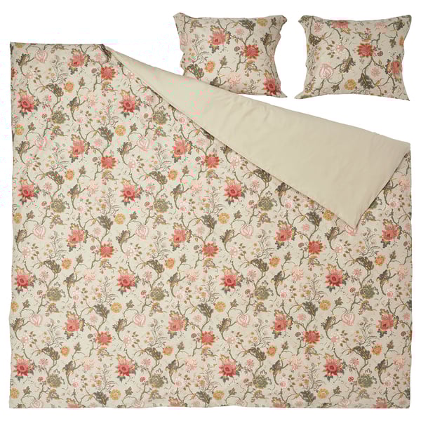 NÄSSELKLOCKA bedset, bloemen/beige, katoen-viscose, rechthoekig, elegant patroon.
