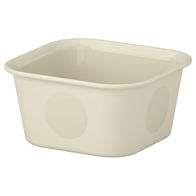 Een witte, vierkante plastic opbergdoos genaamd NOJIG, met twee kleine ronde uitsparingen aan de zijkanten.