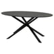 Moderne, zwarte NORRMJÖLE-tafel met donker marmeren blad, x-pootontwerp, metalen voet.