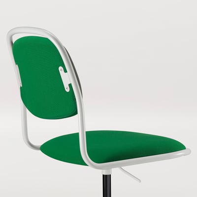 Heldergroene bureaustoel met wit metalen frame, gedempte zitting en rugleuning, op een effen witte achtergrond. In hoogte verstelbaar met een draaivoet.